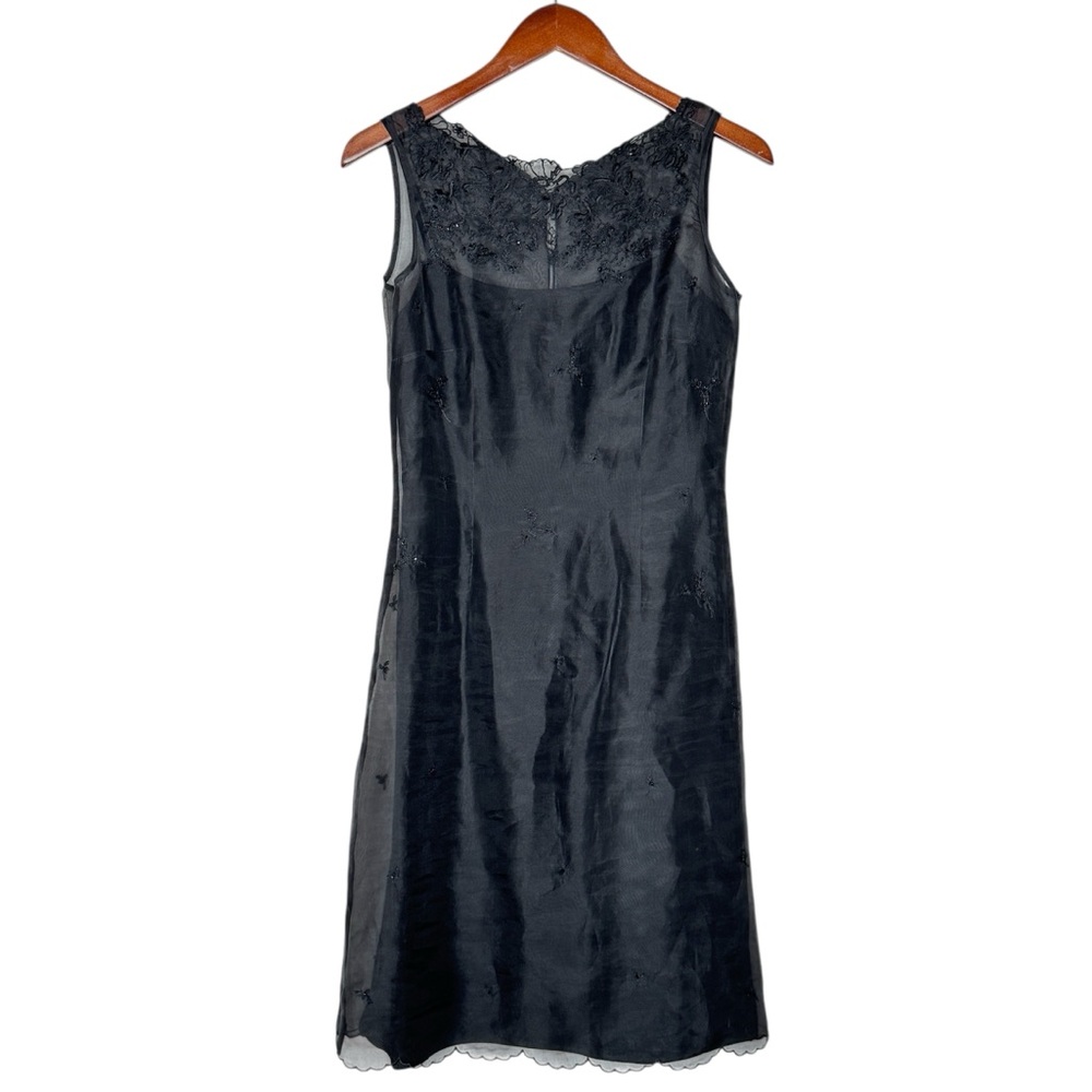 Ann Taylor Black Silk Slip Dress Vintage Shift Sheer Embroidered Overlay SZ 2